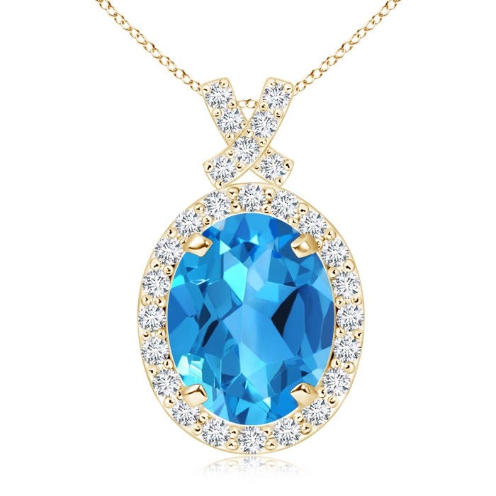 10x8mm AAAA Vintage Style Swiss Blue Topaz Pendant with Diamond Halo in Yellow Gold 