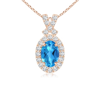 6x4mm AAAA Vintage Style Swiss Blue Topaz Pendant with Diamond Halo in 9K Rose Gold