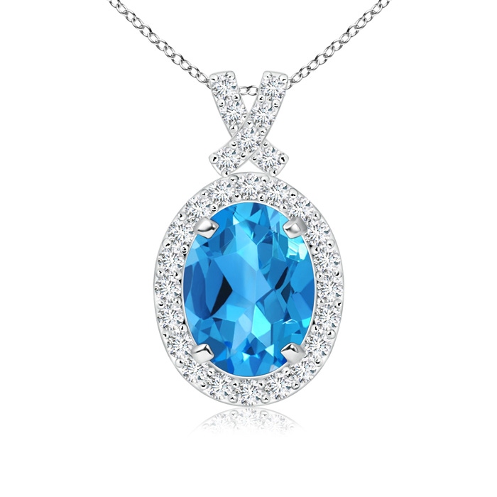 8x6mm AAAA Vintage Style Swiss Blue Topaz Pendant with Diamond Halo in White Gold