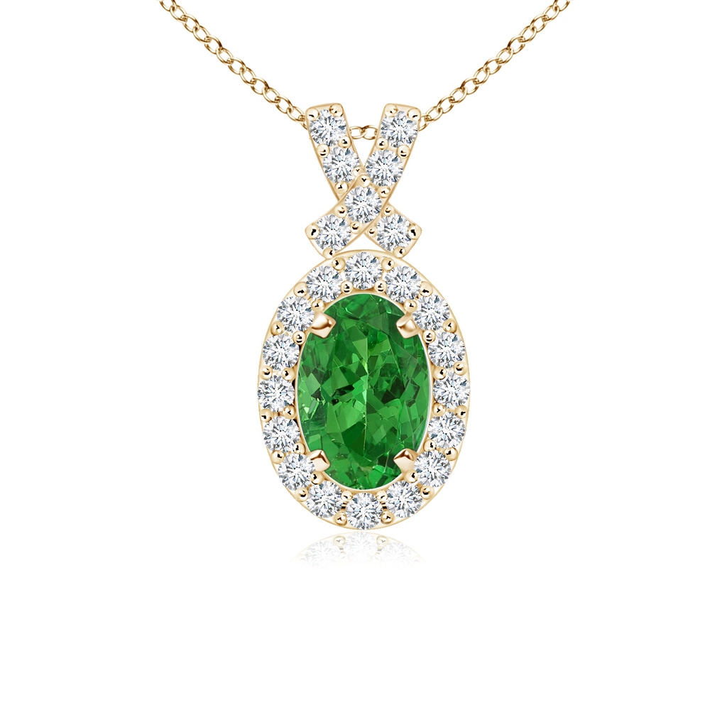 6x4mm AAAA Vintage Style Tsavorite Pendant with Diamond Halo in Yellow Gold