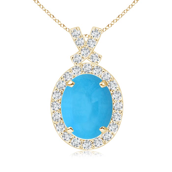 9x7mm AAA Vintage Style Turquoise Pendant with Diamond Halo in 18K Yellow Gold