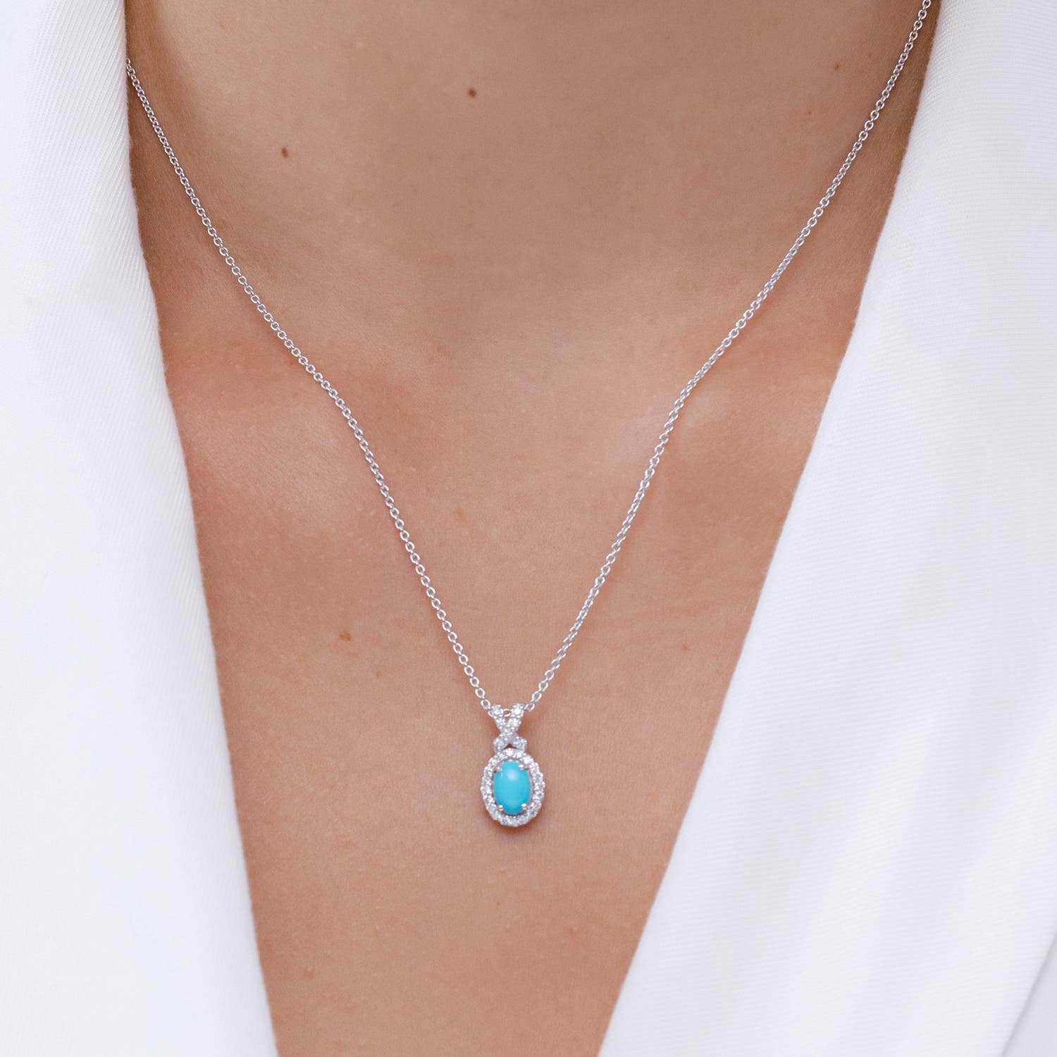 10x8mm AAA Vintage Style Turquoise Pendant with Diamond Halo in
