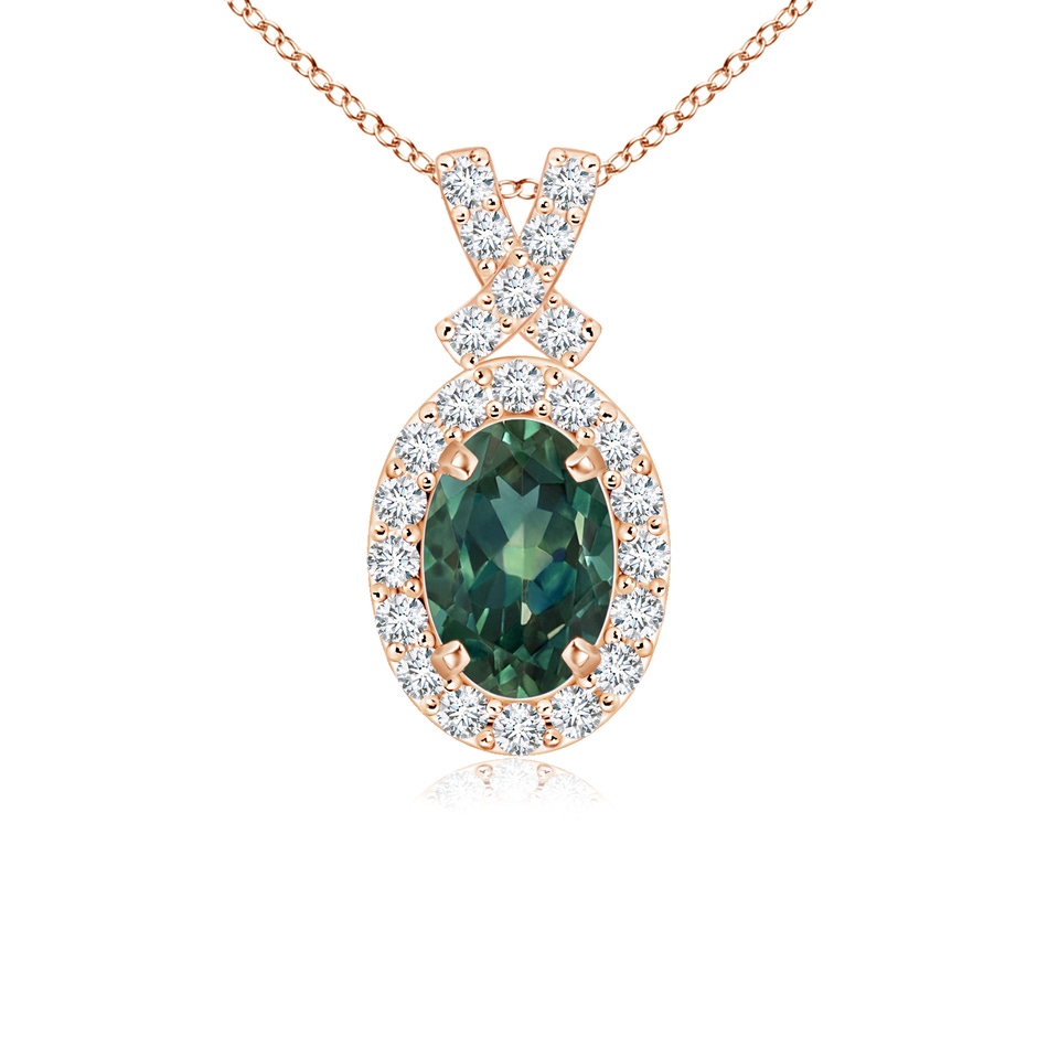 6x4mm AA Vintage Style Teal Montana Sapphire Pendant with Diamond Halo in Rose Gold 