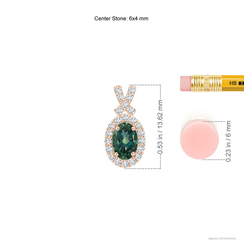 6x4mm AA Vintage Style Teal Montana Sapphire Pendant with Diamond Halo in Rose Gold ruler