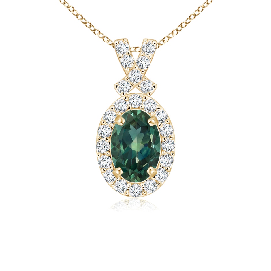 6x4mm AA Vintage Style Teal Montana Sapphire Pendant with Diamond Halo in Yellow Gold 