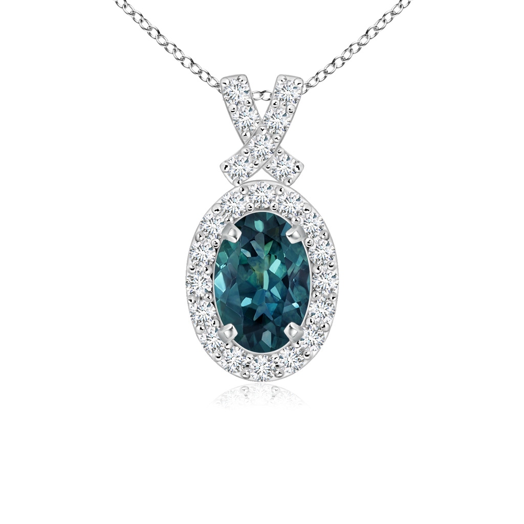 6x4mm AAA Vintage Style Teal Montana Sapphire Pendant with Diamond Halo in P950 Platinum