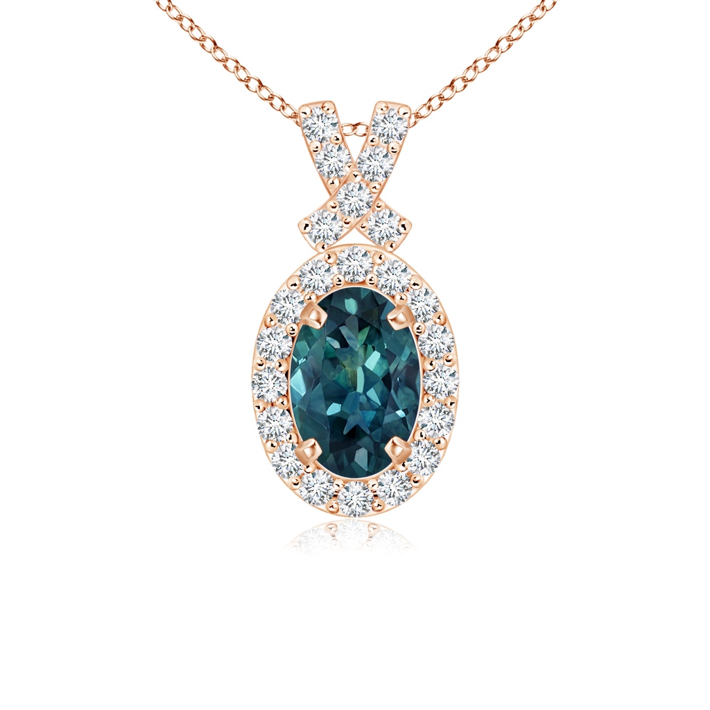 6x4mm AAA Vintage Style Teal Montana Sapphire Pendant with Diamond Halo in Rose Gold
