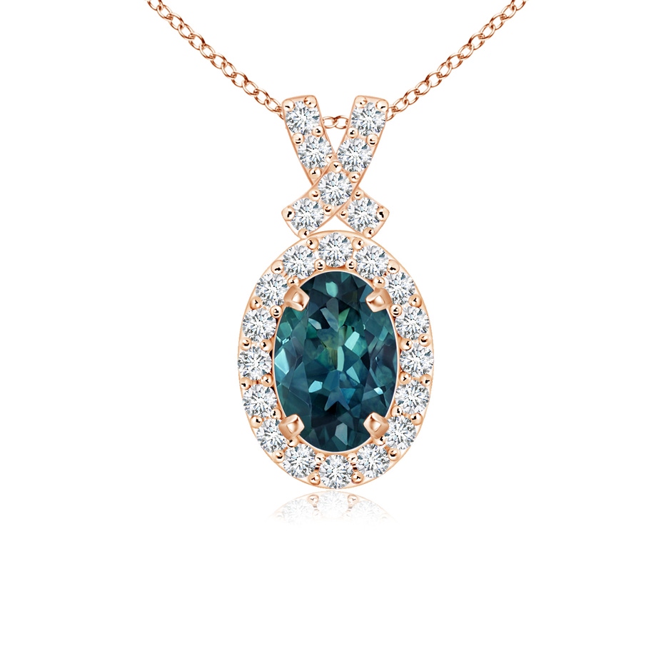 6x4mm AAA Vintage Style Teal Montana Sapphire Pendant with Diamond Halo in Rose Gold 