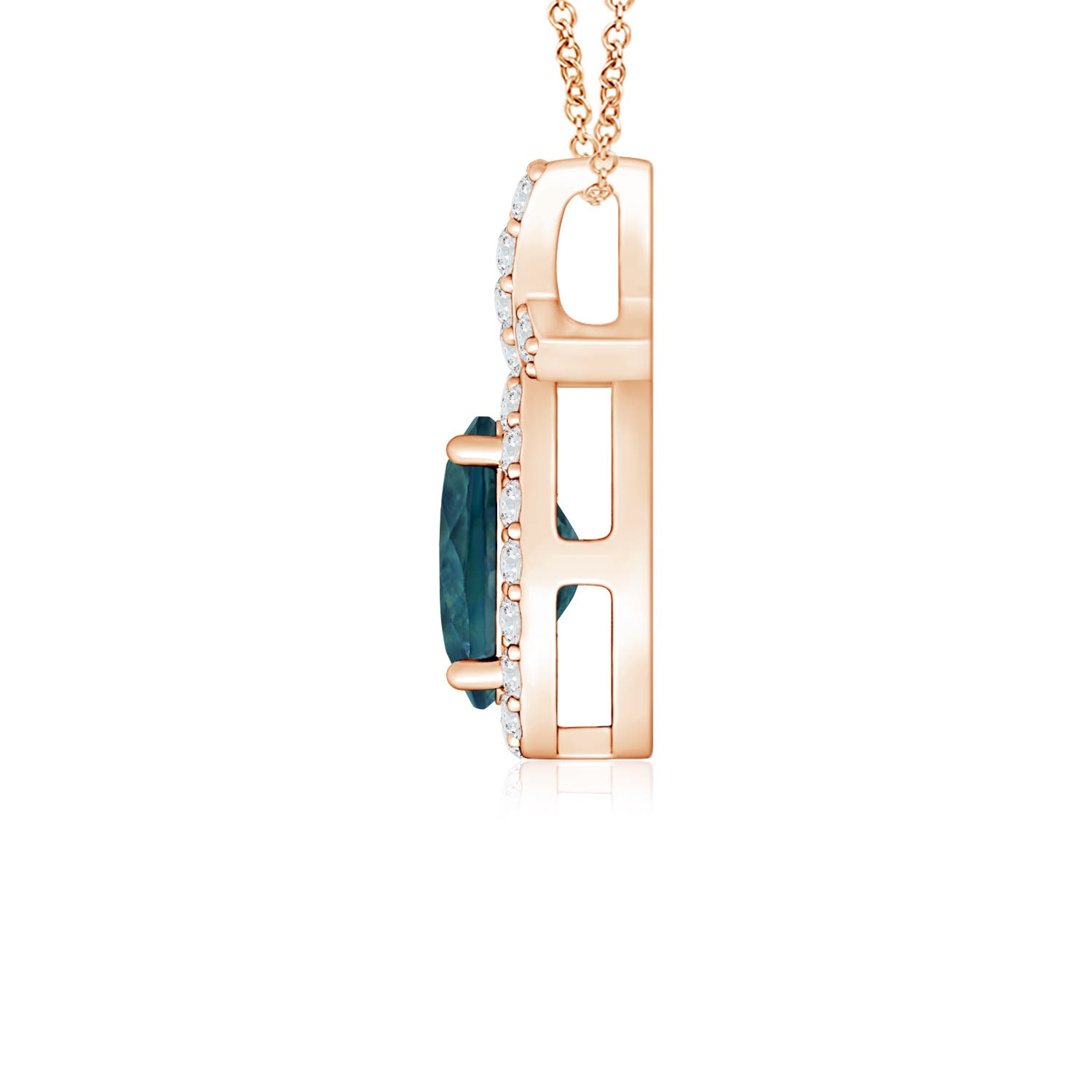 6x4mm AAA Vintage Style Teal Montana Sapphire Pendant with Diamond Halo in Rose Gold