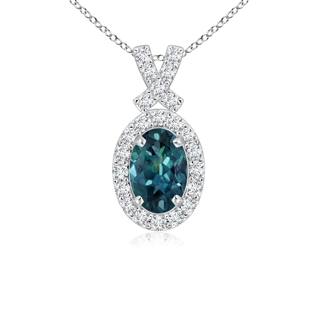 6x4mm AAA Vintage Style Teal Montana Sapphire Pendant with Diamond Halo in White Gold