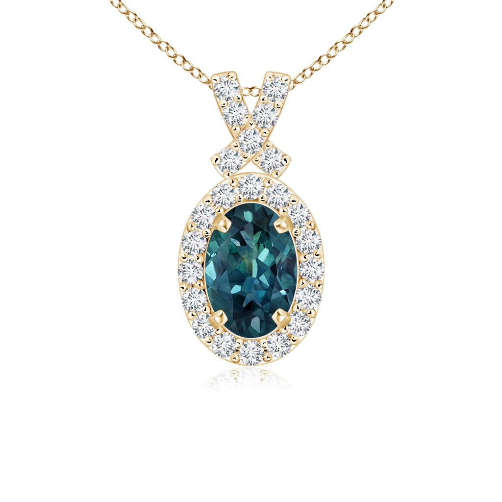 6x4mm AAA Vintage Style Teal Montana Sapphire Pendant with Diamond Halo in Yellow Gold