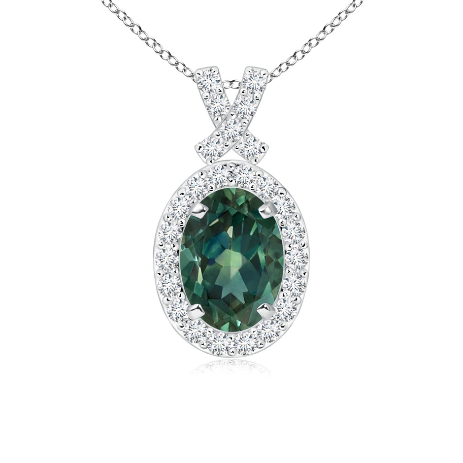 7x5mm AA Vintage Style Teal Montana Sapphire Pendant with Diamond Halo in White Gold 