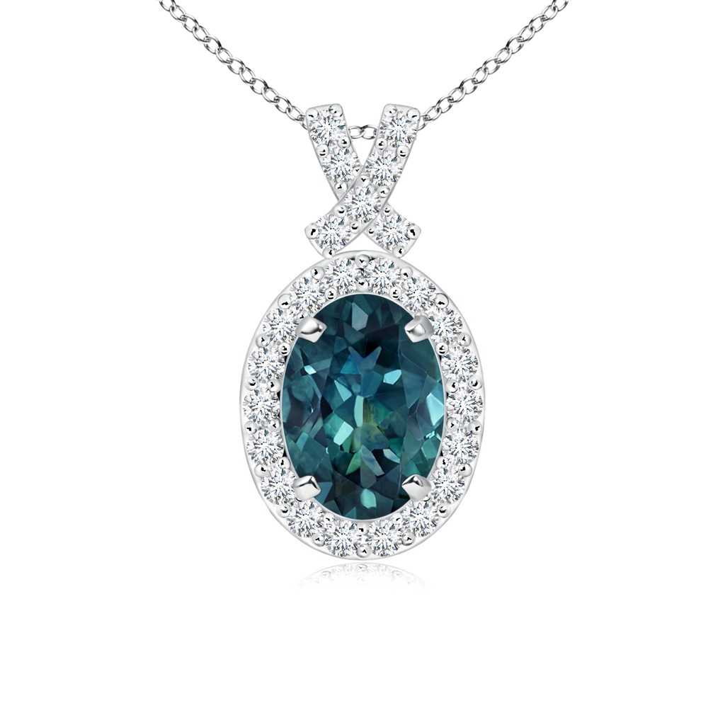 7x5mm AAA Vintage Style Teal Montana Sapphire Pendant with Diamond Halo in White Gold