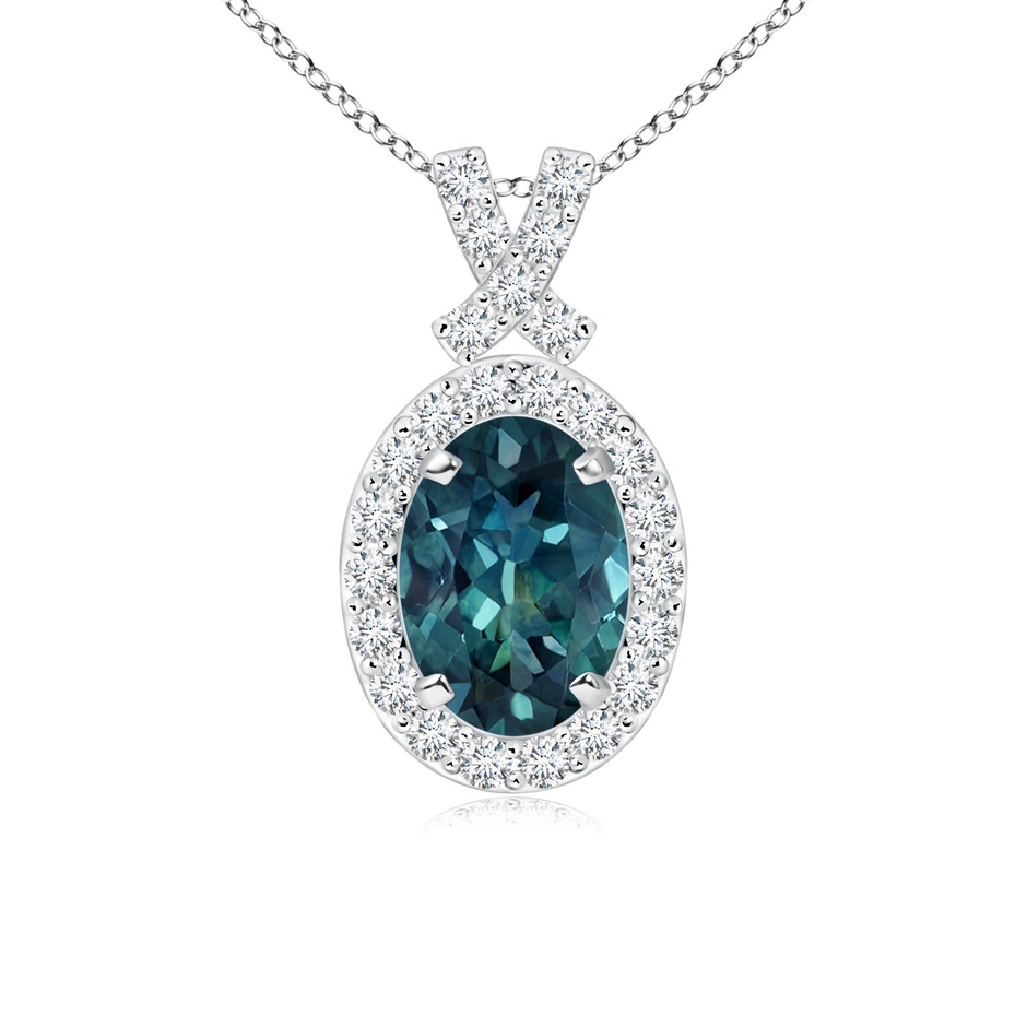 7x5mm AAA Vintage Style Teal Montana Sapphire Pendant with Diamond Halo in White Gold 