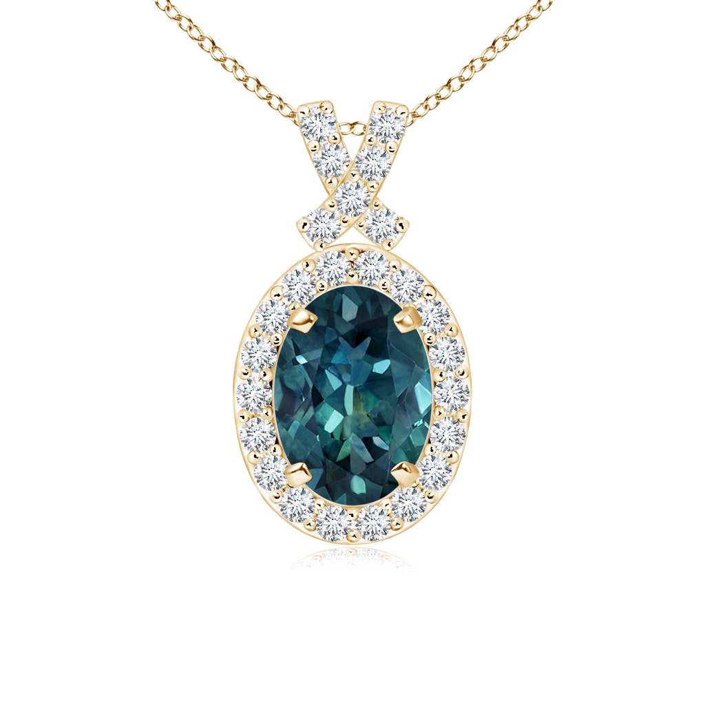 7x5mm AAA Vintage Style Teal Montana Sapphire Pendant with Diamond Halo in Yellow Gold