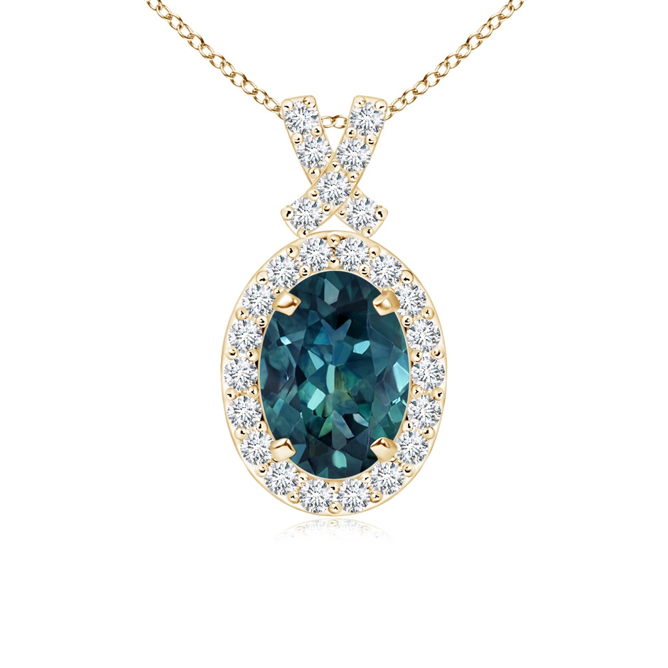 7x5mm AAA Vintage Style Teal Montana Sapphire Pendant with Diamond Halo in Yellow Gold 