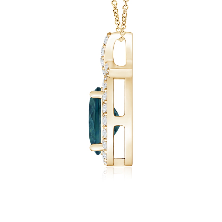 7x5mm AAA Vintage Style Teal Montana Sapphire Pendant with Diamond Halo in Yellow Gold side 1