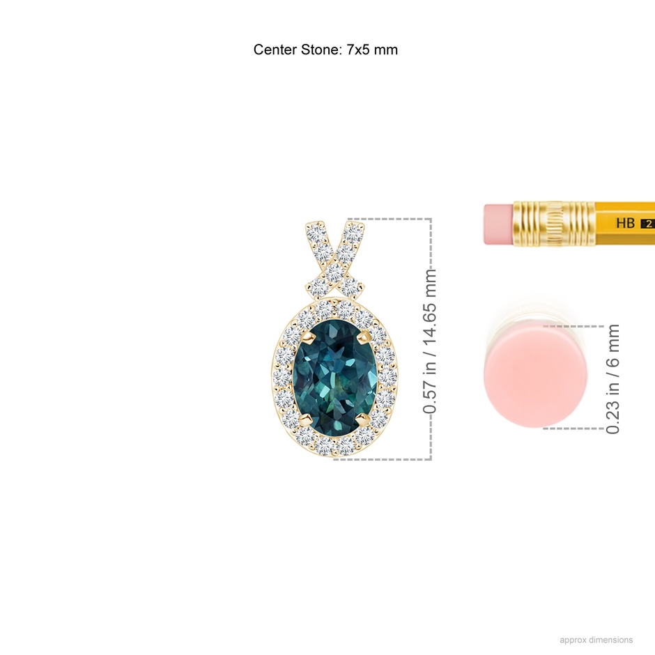 7x5mm AAA Vintage Style Teal Montana Sapphire Pendant with Diamond Halo in Yellow Gold ruler