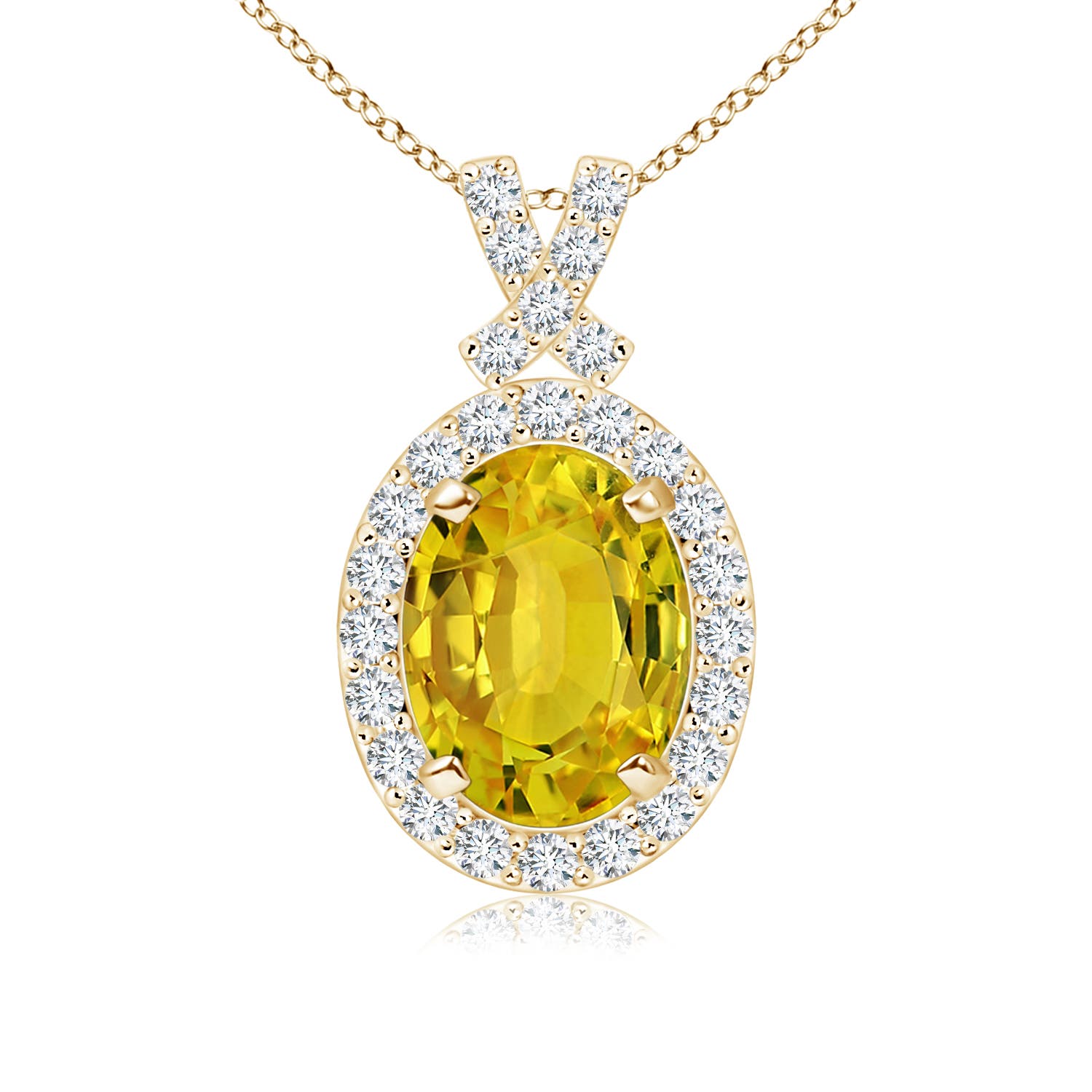66 Carat Cushion Cut Yellow Sapphire & Diamond Halo Pendant Necklace 14K  White Gold