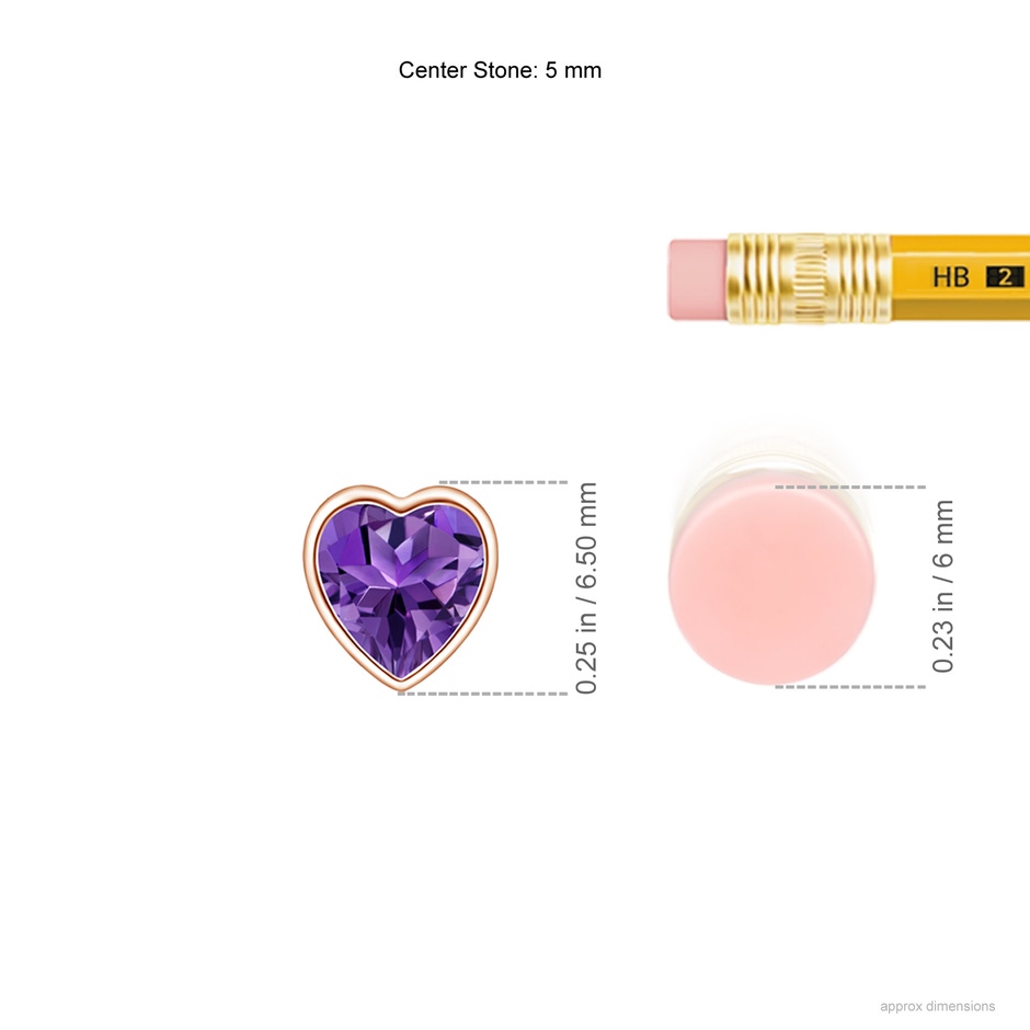 5mm AAAA Bezel-Set Solitaire Heart Amethyst Pendant in Rose Gold ruler