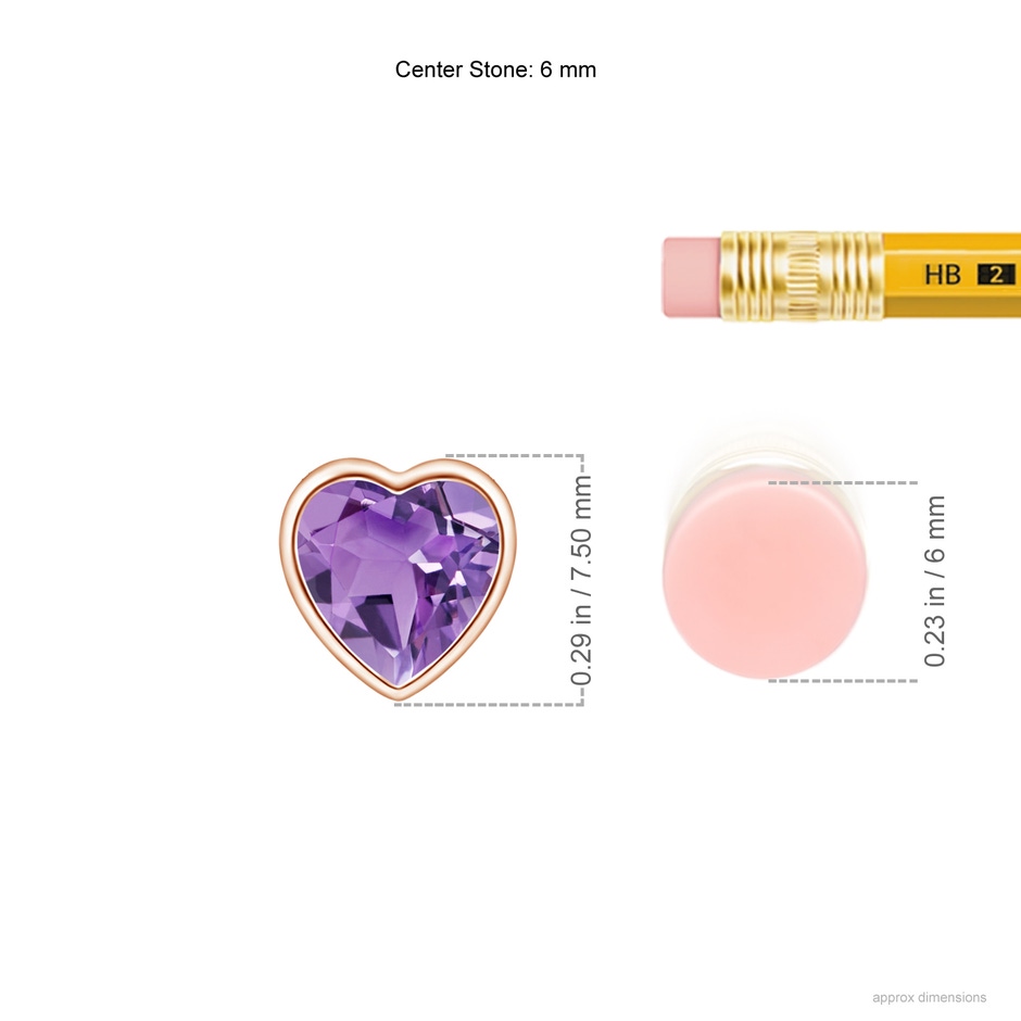 6mm A Bezel-Set Solitaire Heart Amethyst Pendant in Rose Gold ruler
