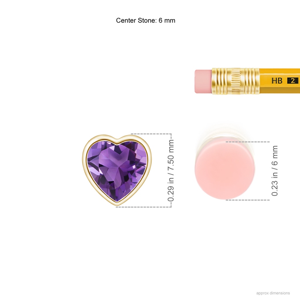 6mm AAA Bezel-Set Solitaire Heart Amethyst Pendant in Yellow Gold ruler