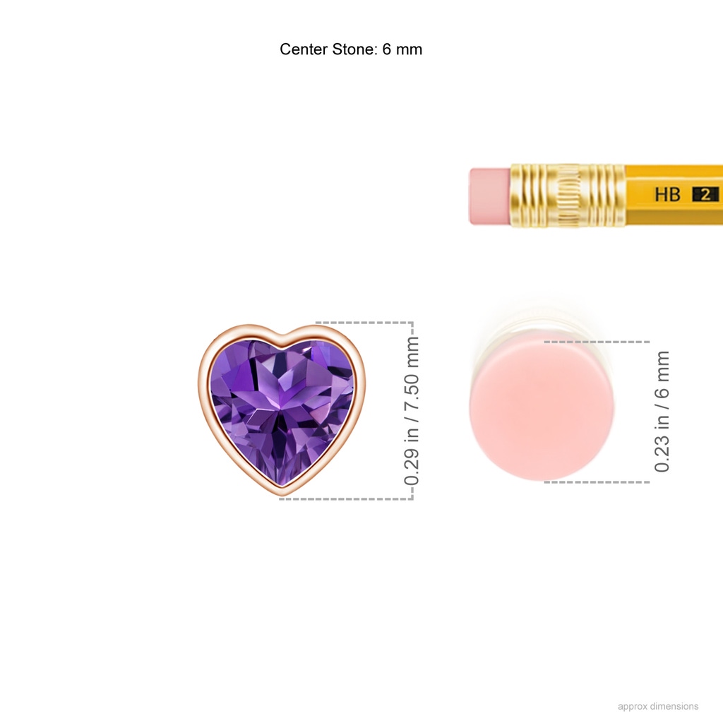 6mm AAAA Bezel-Set Solitaire Heart Amethyst Pendant in Rose Gold ruler