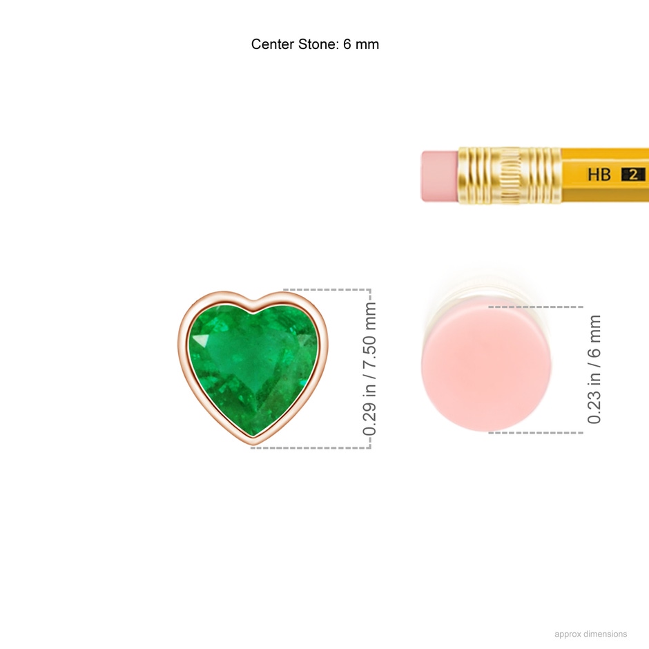 6mm AA Bezel-Set Solitaire Heart Emerald Pendant in Rose Gold ruler