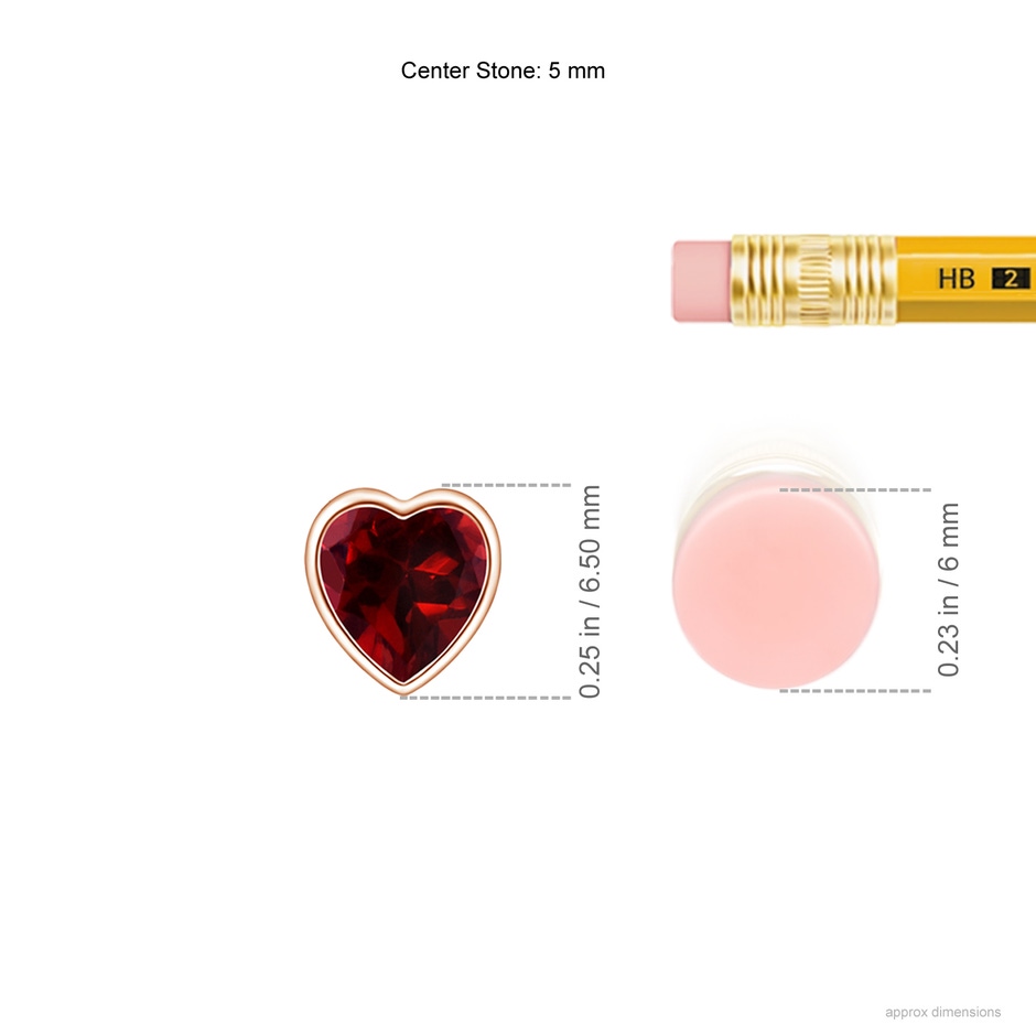5mm AAAA Bezel-Set Solitaire Heart Garnet Pendant in Rose Gold ruler