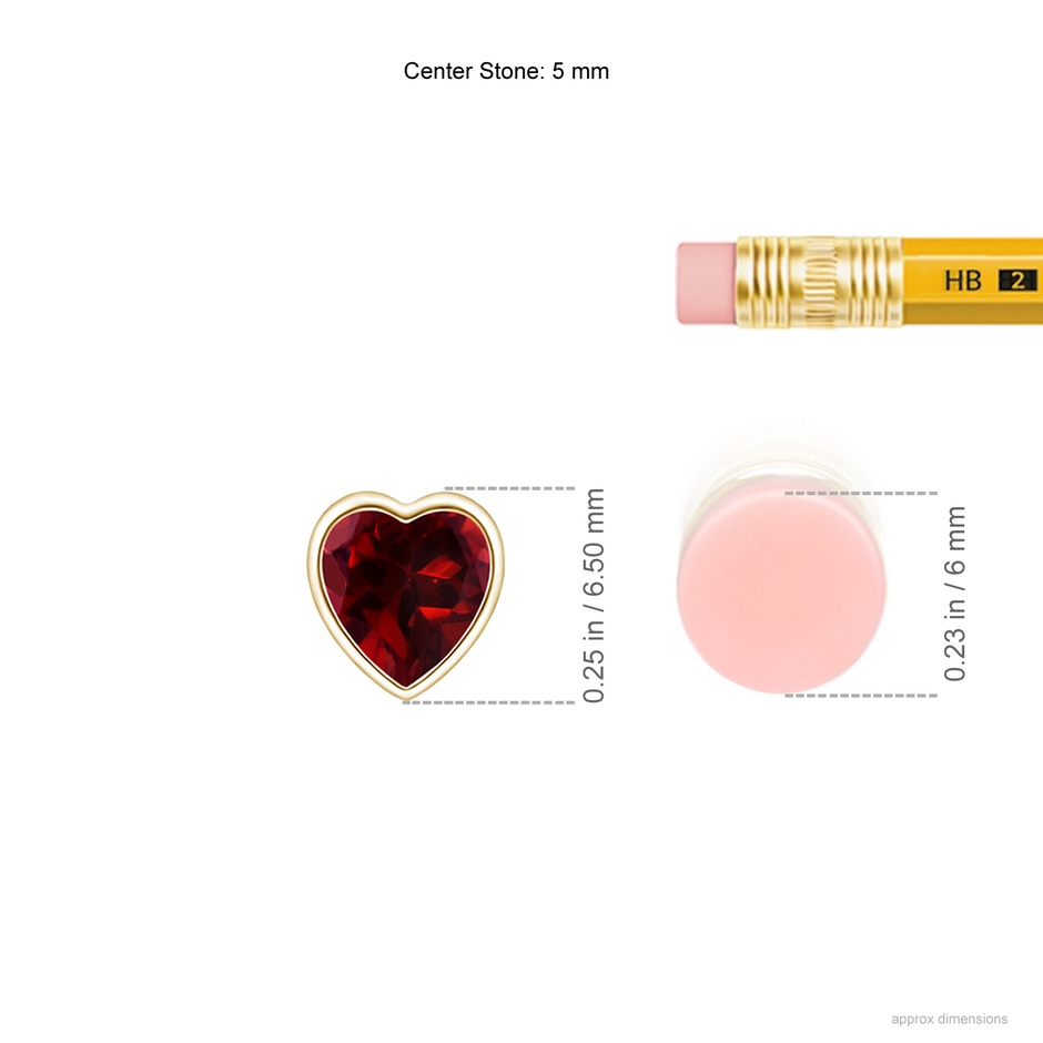 5mm AAAA Bezel-Set Solitaire Heart Garnet Pendant in Yellow Gold ruler