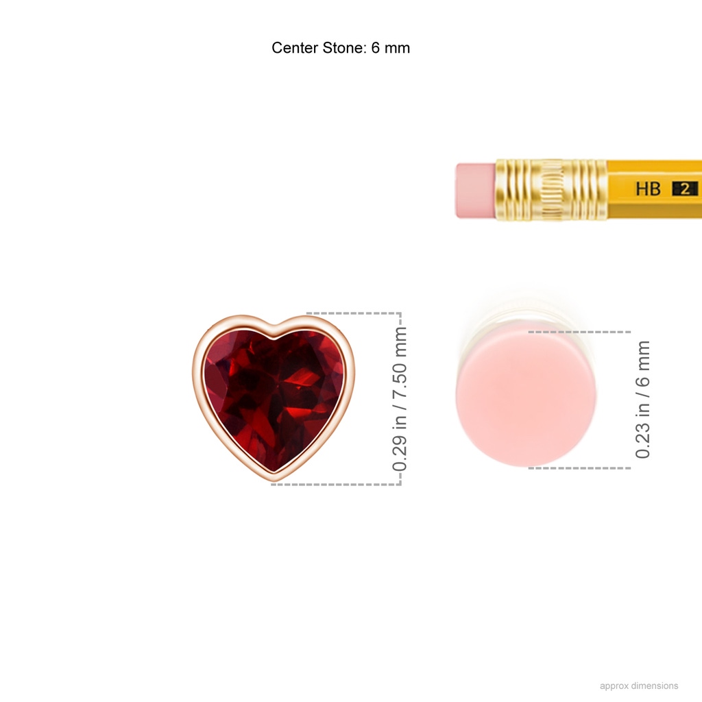 6mm AAAA Bezel-Set Solitaire Heart Garnet Pendant in Rose Gold ruler
