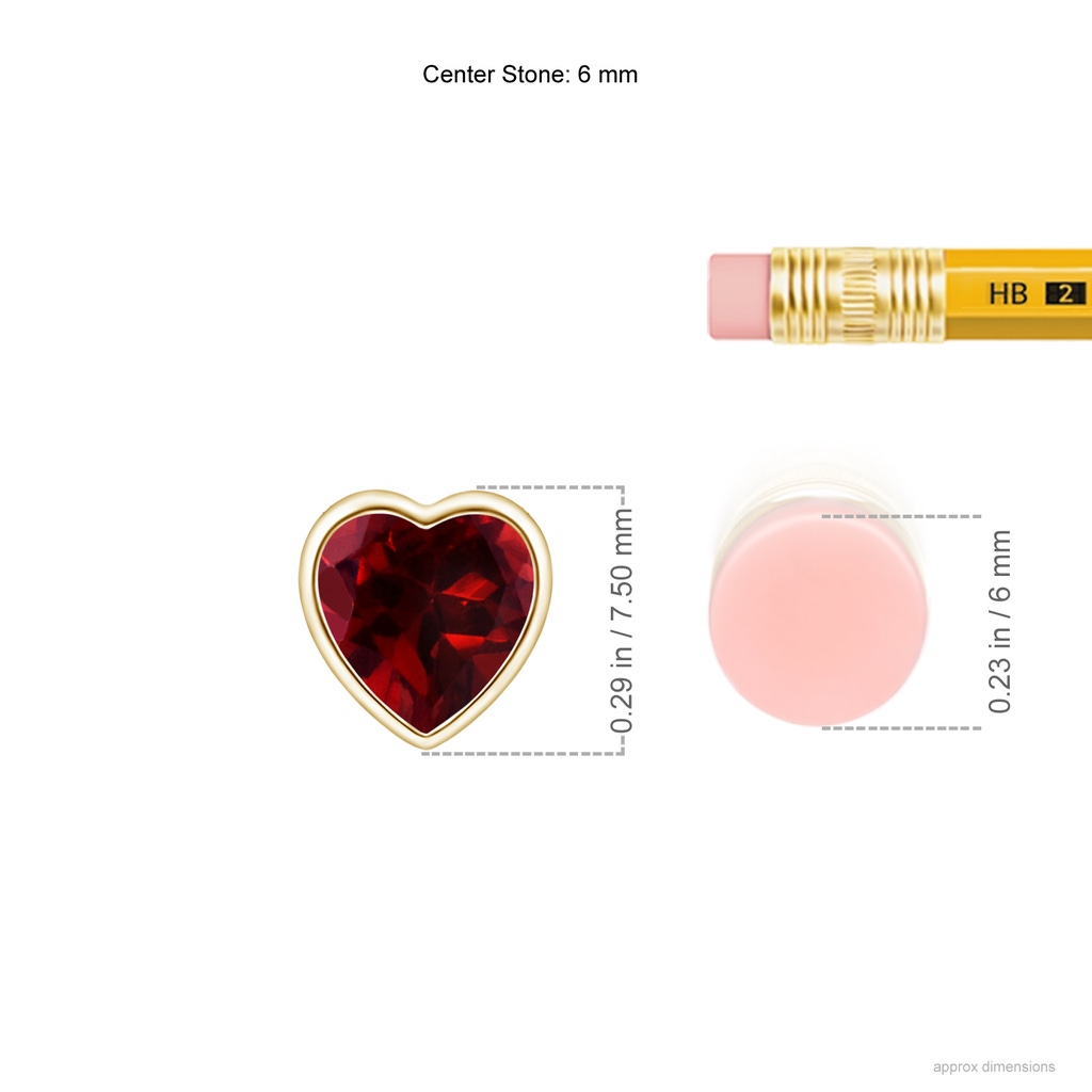 6mm AAAA Bezel-Set Solitaire Heart Garnet Pendant in Yellow Gold ruler