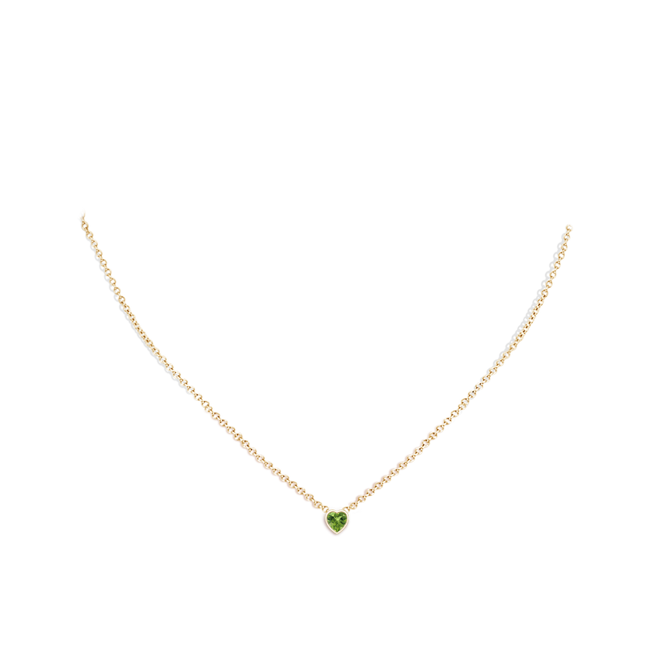 4mm AAA Bezel-Set Solitaire Heart Peridot Pendant in Yellow Gold body-neck