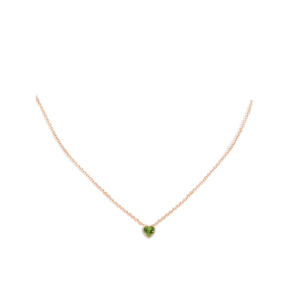 5mm AA Bezel-Set Solitaire Heart Peridot Pendant in Rose Gold body-neck