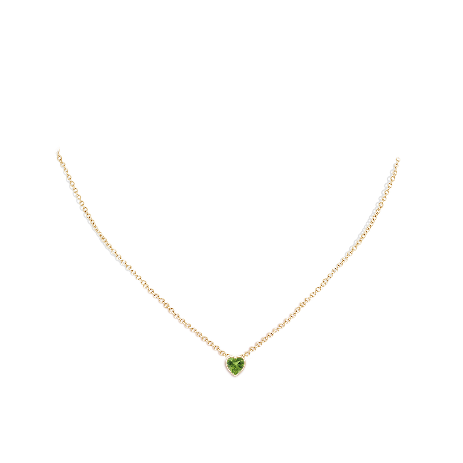 5mm AAA Bezel-Set Solitaire Heart Peridot Pendant in Yellow Gold body-neck