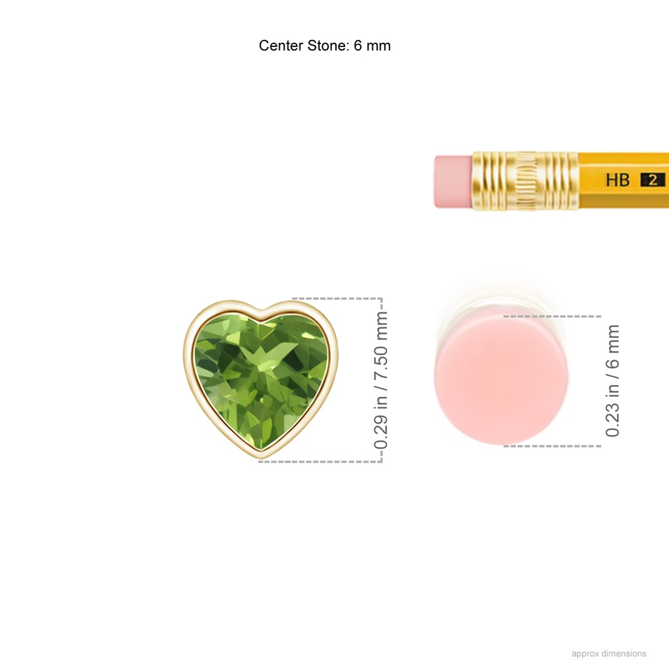 6mm AAA Bezel-Set Solitaire Heart Peridot Pendant in Yellow Gold ruler
