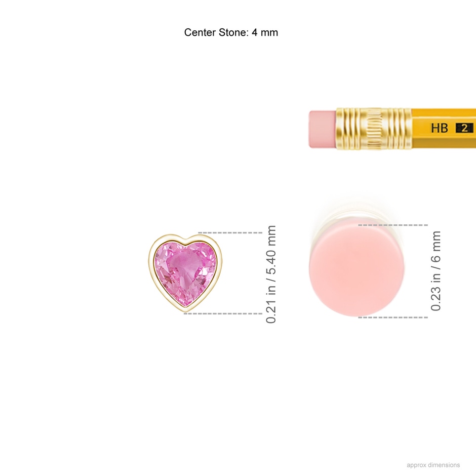 4mm AA Bezel-Set Solitaire Heart Pink Sapphire Pendant in Yellow Gold ruler