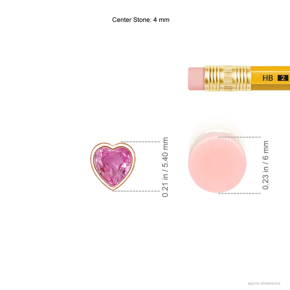 4mm AAA Bezel-Set Solitaire Heart Pink Sapphire Pendant in Rose Gold ruler