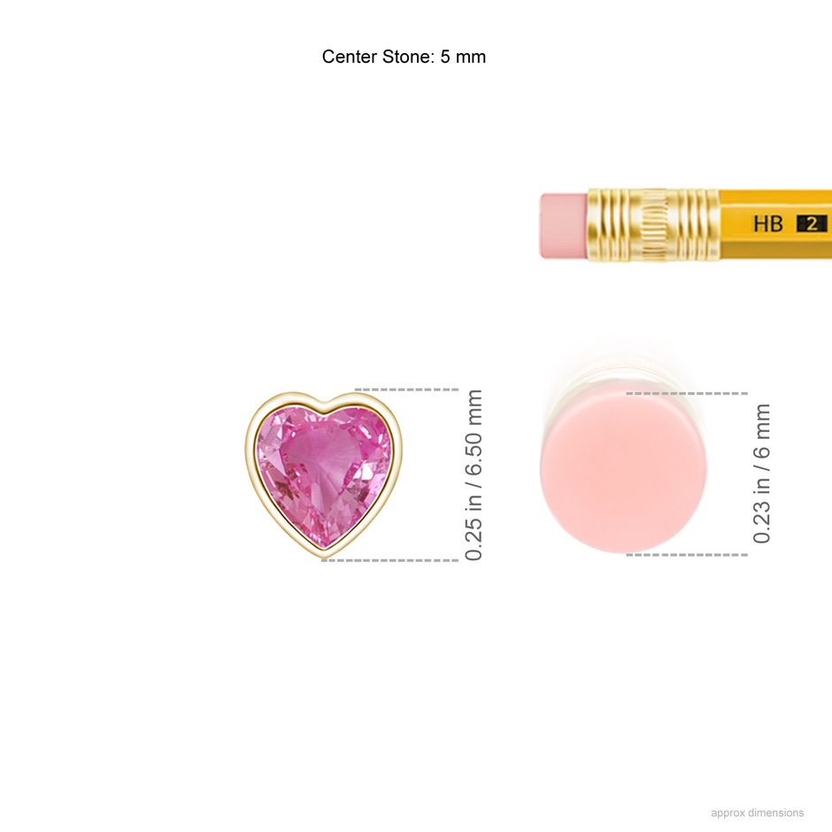 5mm AAA Bezel-Set Solitaire Heart Pink Sapphire Pendant in Yellow Gold ruler