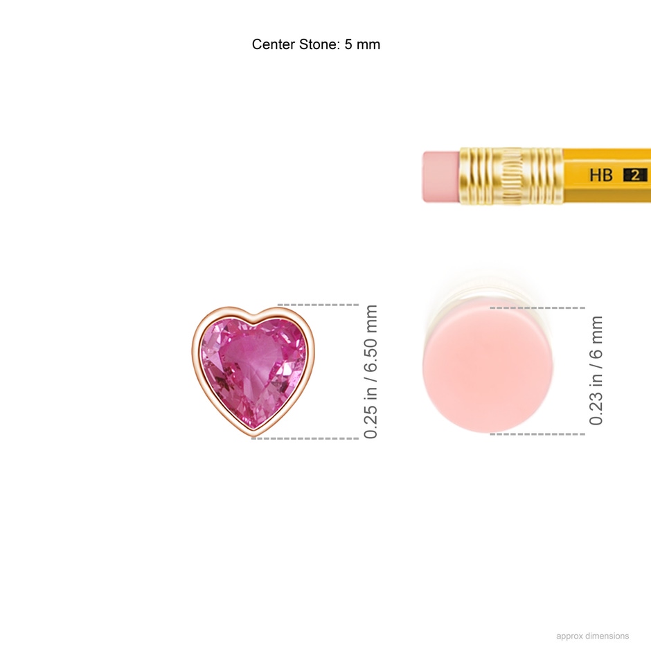 5mm AAAA Bezel-Set Solitaire Heart Pink Sapphire Pendant in Rose Gold ruler