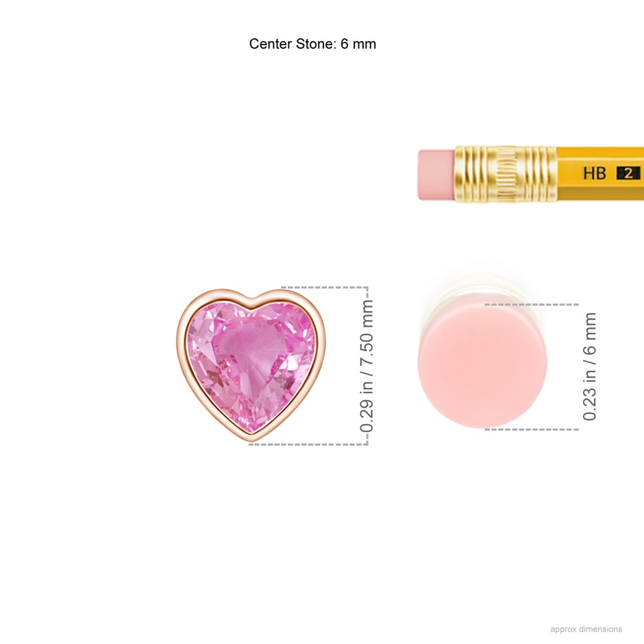 6mm AA Bezel-Set Solitaire Heart Pink Sapphire Pendant in Rose Gold ruler
