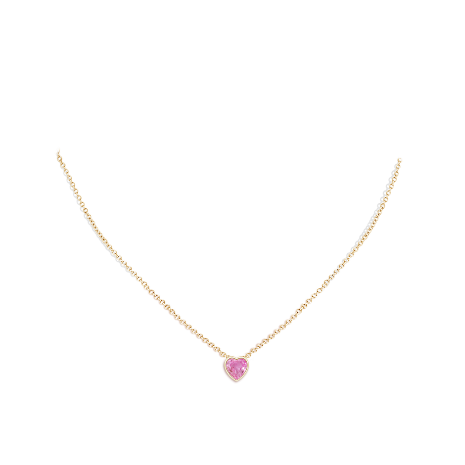 6mm AA Bezel-Set Solitaire Heart Pink Sapphire Pendant in Yellow Gold body-neck