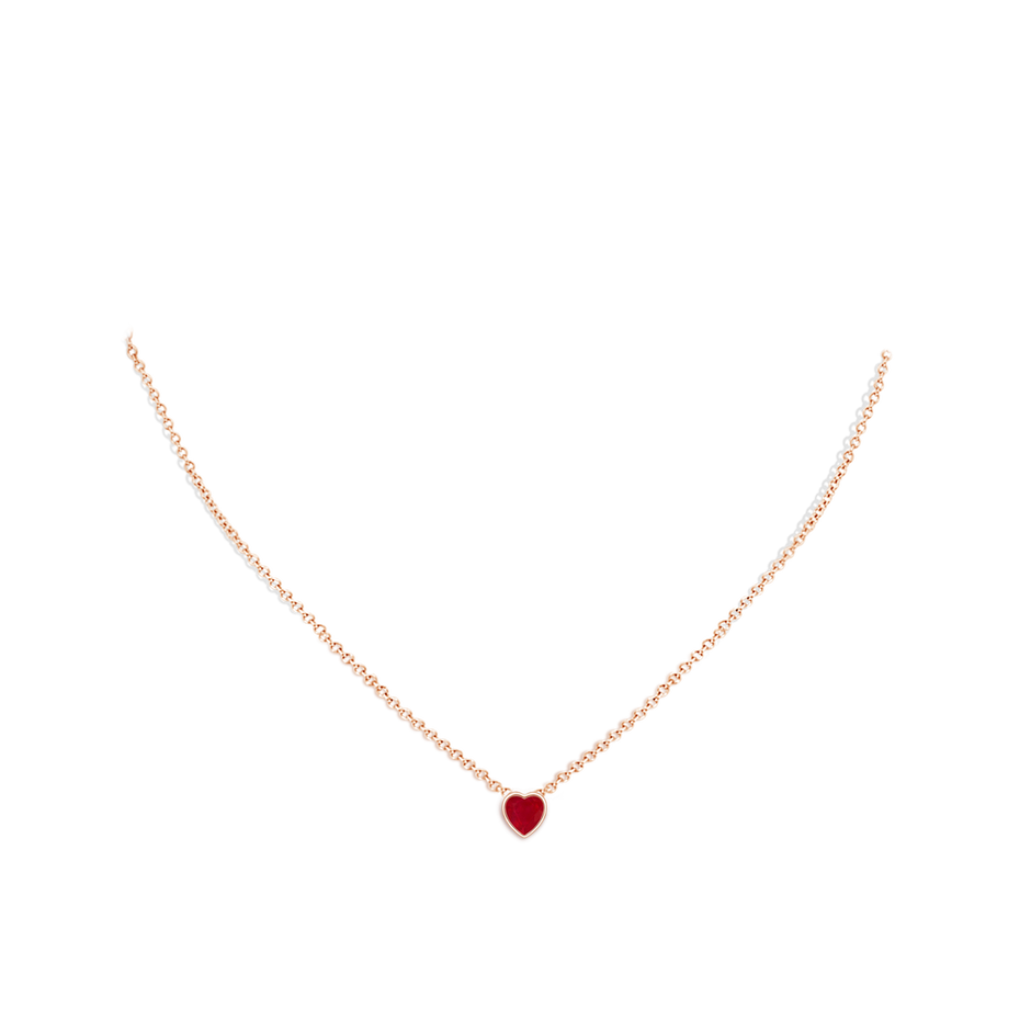 5mm AA Bezel-Set Solitaire Heart Ruby Pendant in Rose Gold body-neck