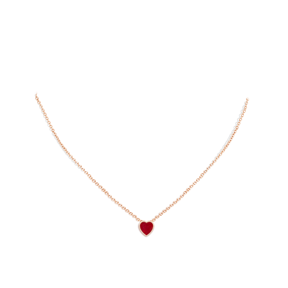 6mm AA Bezel-Set Solitaire Heart Ruby Pendant in Rose Gold body-neck