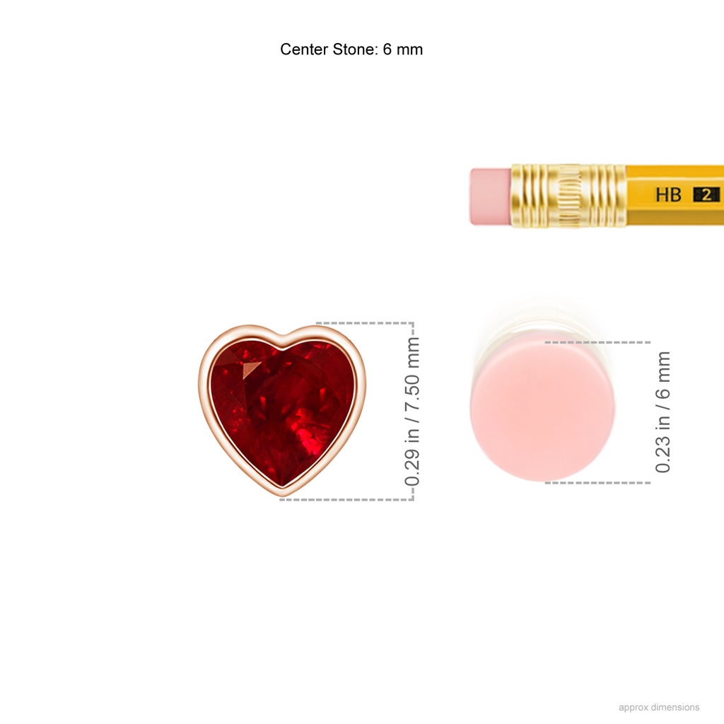 6mm AAAA Bezel-Set Solitaire Heart Ruby Pendant in Rose Gold Ruler