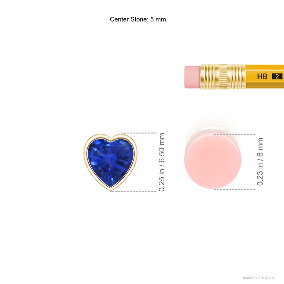 5mm AAA Bezel-Set Solitaire Heart Blue Sapphire Pendant in Yellow Gold ruler