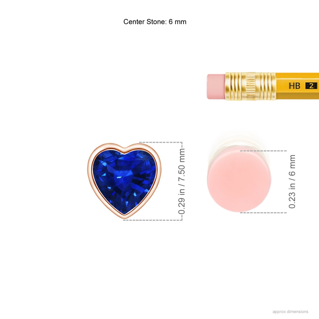 6mm AAAA Bezel-Set Solitaire Heart Blue Sapphire Pendant in Rose Gold Ruler