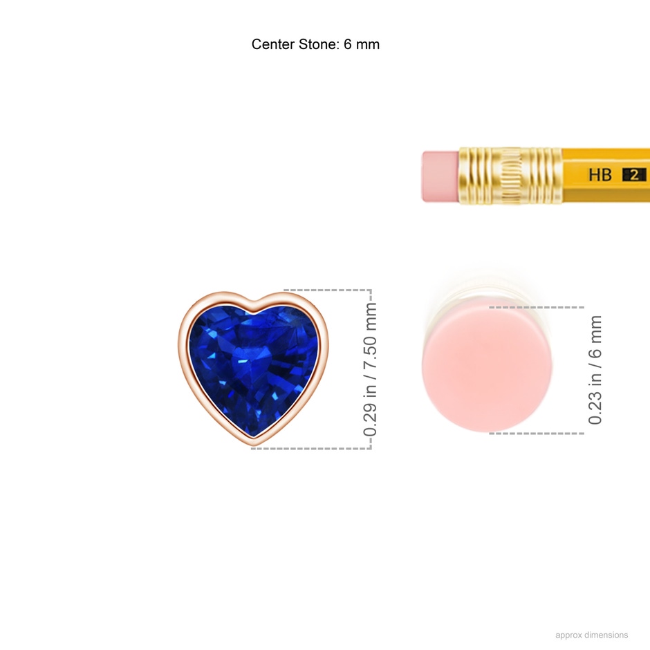 6mm AAAA Bezel-Set Solitaire Heart Blue Sapphire Pendant in Rose Gold ruler