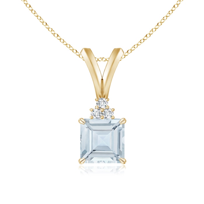 5mm A V-Bale Square Aquamarine Solitaire Pendant with Diamond in Yellow Gold 