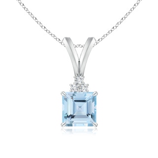 5mm AAA V-Bale Square Aquamarine Solitaire Pendant with Diamond in White Gold
